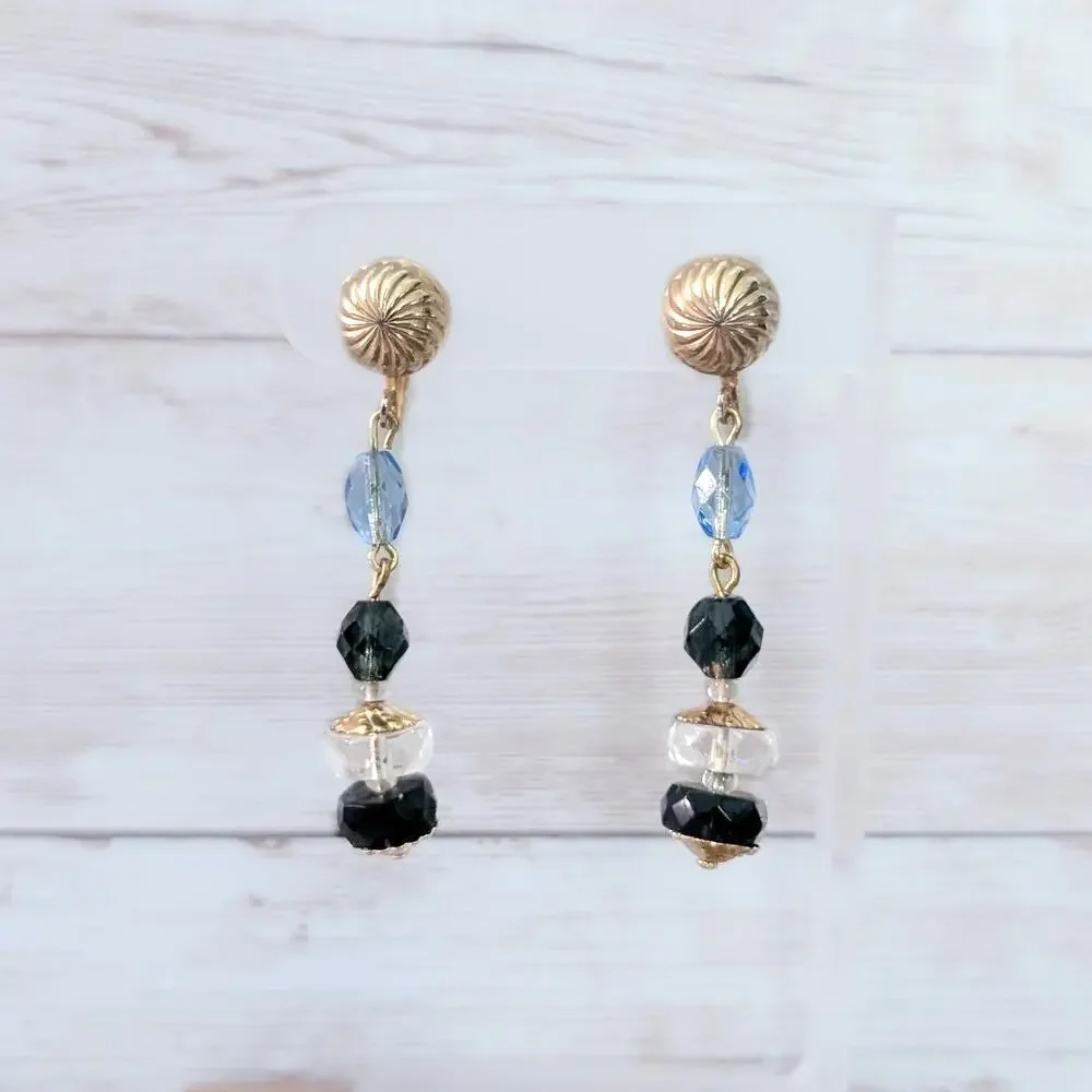 Vintage Screw Back Earrings Gold Tone, Blue. Black, Clear Long Dangle